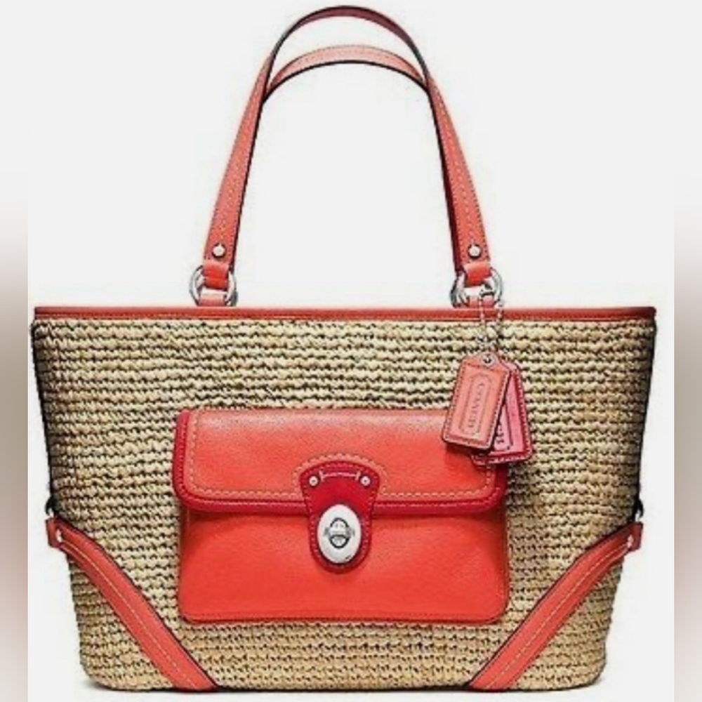 Coach Tangerine Straw And Leather Pocket Tote With Coach Dustbag